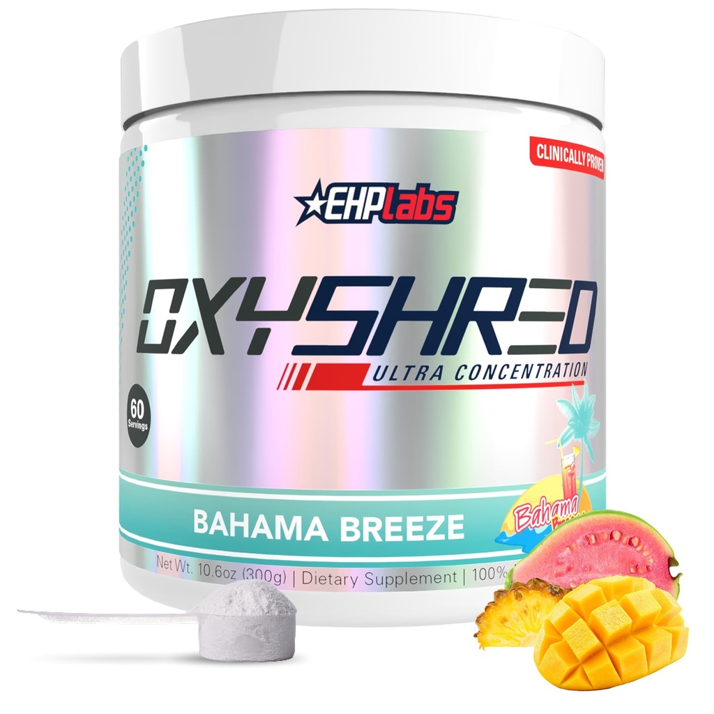 EHP Labs OxyShred Pre Workout Powder - Presping Powder with L Glutamine & Acetyl L Carnitin, Energy Boost Drink - Bahama Breeze / Beach, 60 Služeb