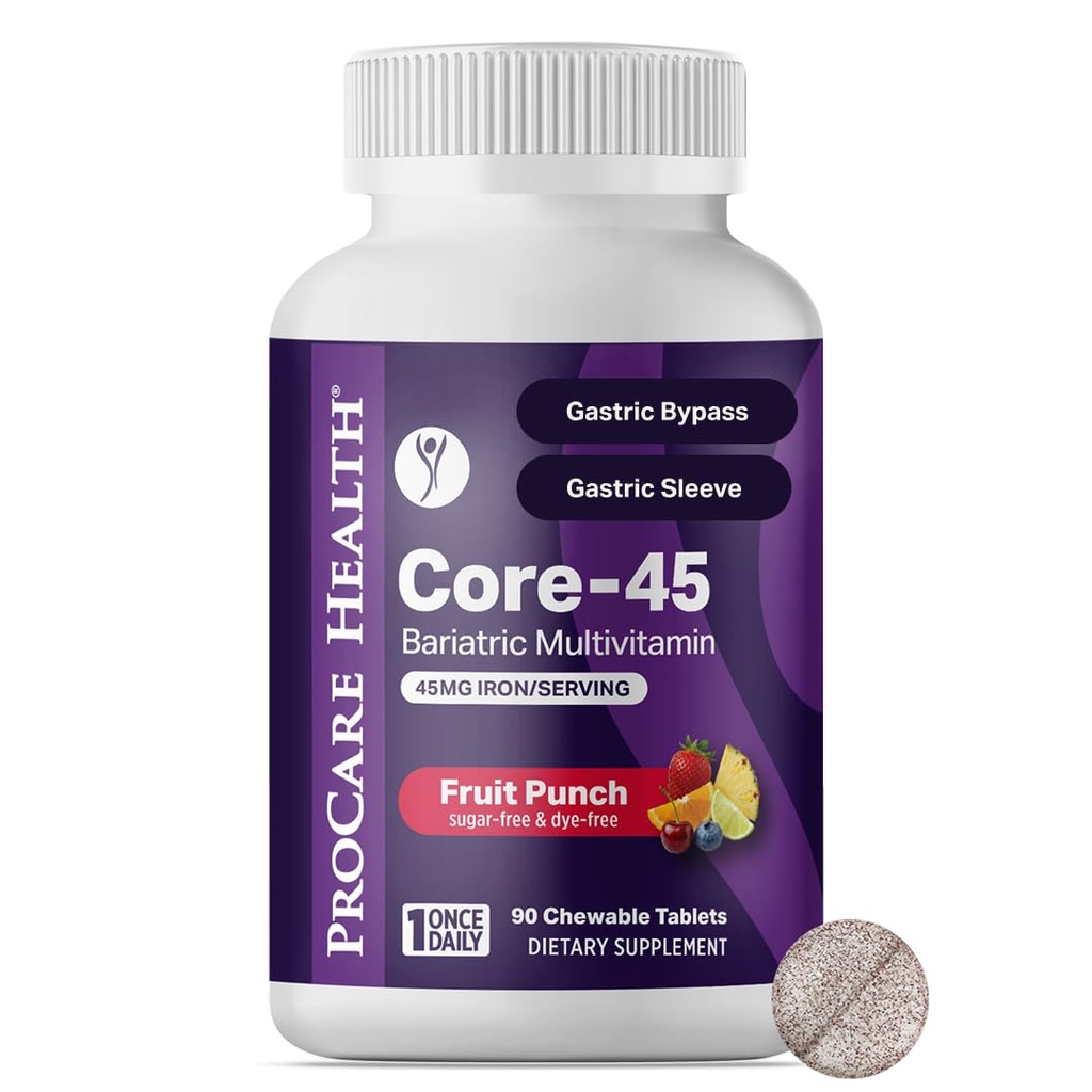 Procare Health Bariatric Multivitamin s železem 45 mg žvýkací tablety (30 tablet) - Ovocný punč Flavor Bariatric Multivitamin Žvýkací pilulky pro Gastric Bypass & Sleeve Gastrektomie Pacienti (01 Měsíční zásoba)