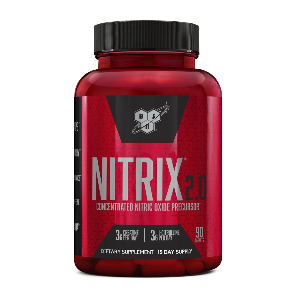 BSN NITRIX 2.0, Doplněk k cvičení, Prekurzory oxidu dusnatého, 3g Creatine, 3g L Citruline, L- Citrulline, Podporuje cvičení výkon, čerpadla, Muscle Recovery a Endurance, 90 Tablet, 30 Služeb