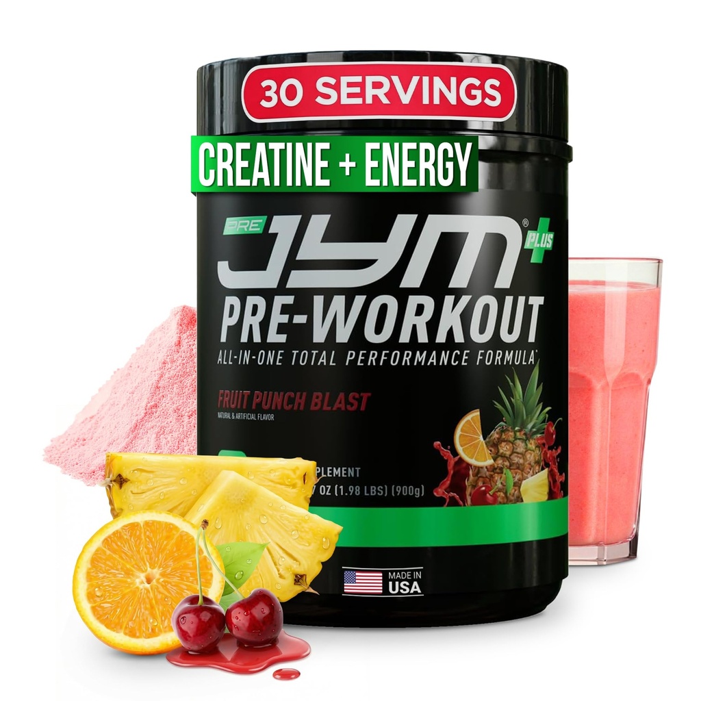 JYM dodatek Věda Pre JYM Plus Ovocný punč Pre- Workout Powder, Amino Nitrates, Creatine, Betaine, Nootropics, BCAA je, pro muže a ženy, 30 Služeb