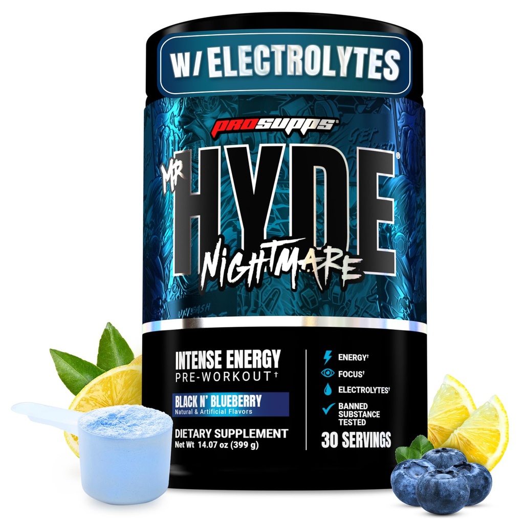 ProSupps Mr. Hyde Nightmare Pre Workout Powder with Caffeine & Beta Alanine - Předcvičení pro intenzivní energii, duševní soustředění a výkon - Tělesné a fitness doplňky (Black N 'Blueberry, 30 Servings)