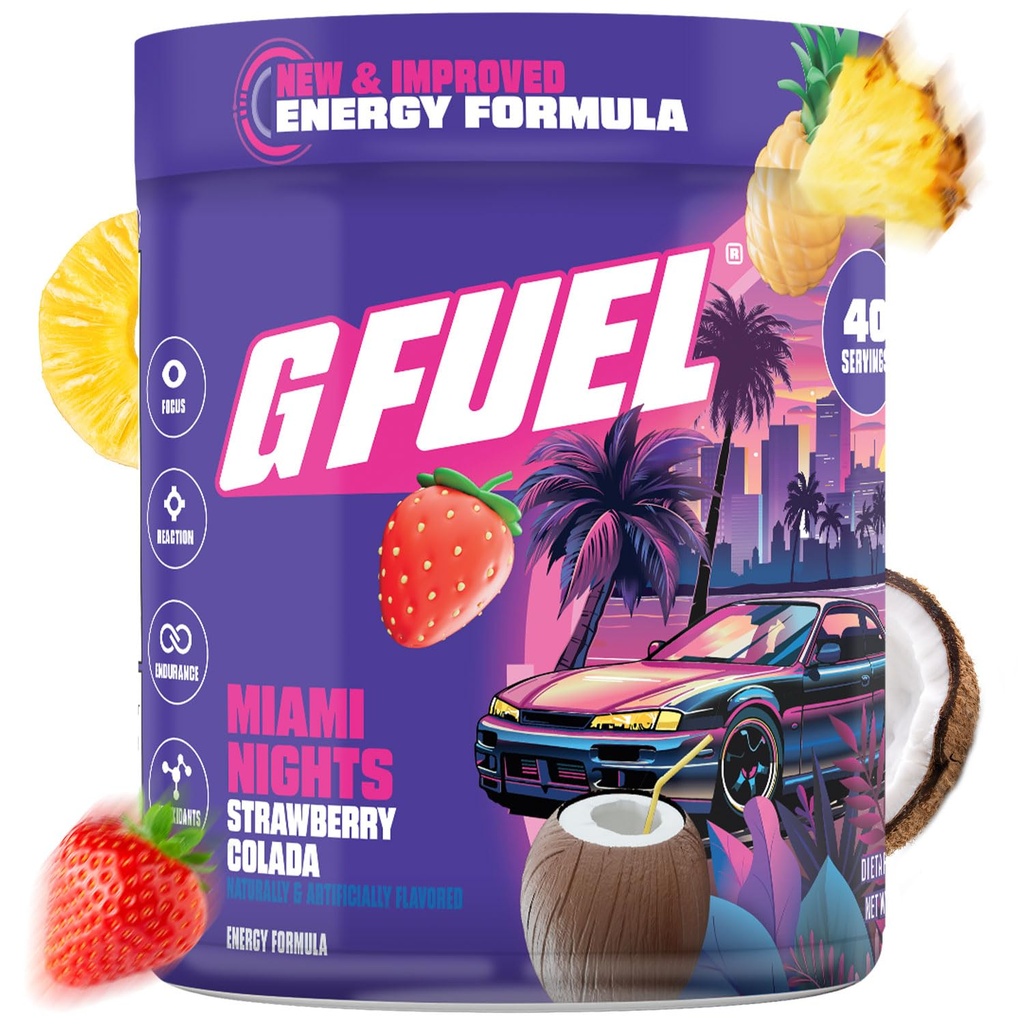 G Fuel Miami Nights 2.0 Energy Drink Powder, Pre Workout Caffeine Mix for Gaming, Sugar Free Focus Amino, Vitamin + Antioxidanty, 8.7oz (Strawberry Pina Colada, 40 Služeb)