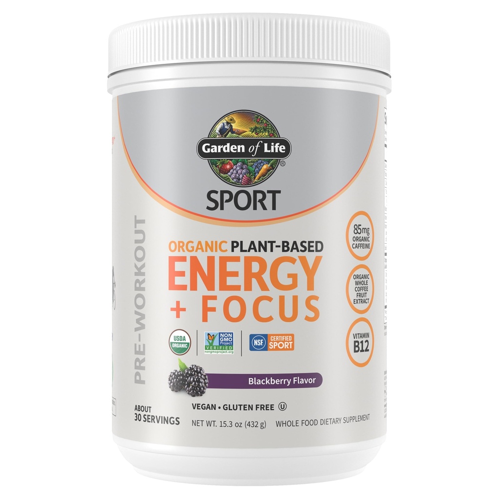 Zahrada života Sport Organic Plant Based Energy + Focus Clean Pre Workout Powder, s 85mg kofeinu, Natural No Booster, B12, Vegan, Gluten Free, Non- GMO, BlackBerry, 15.3 Oz