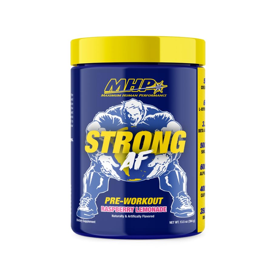 MHP Strong AF, Pre- cvičení, budování svalů, síla, výkon, Creatine, Shilajit, Beta Alanin, Citruline, Alpha- GPC, Malina Lemonade, 40 Služeb