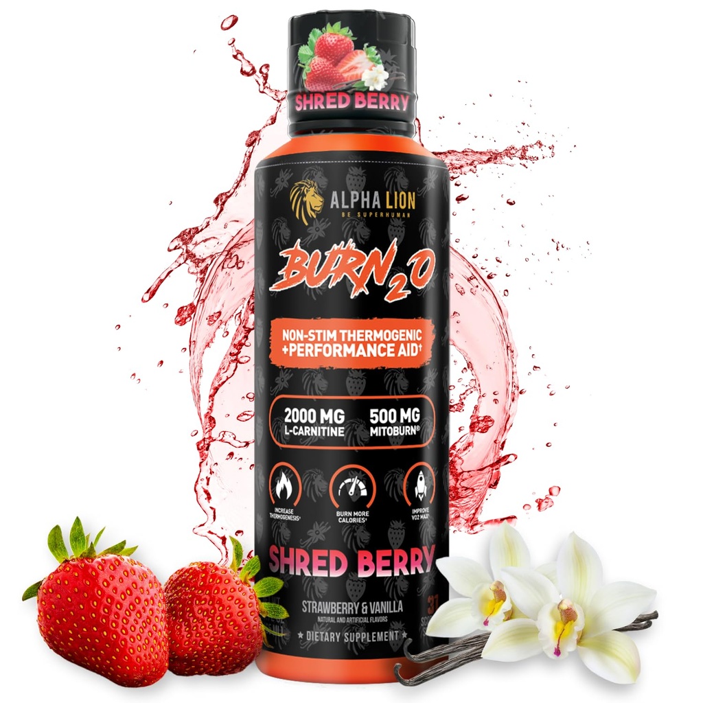 ALPHA LION Burn2O L- karnitin Liquid 2000mg, Premium Liquid Fat Burner & Pre- Workout Dodatek pro muže a ženy - Přírodní energie a metabolismus Booster pro hubnutí - ShredBerry
