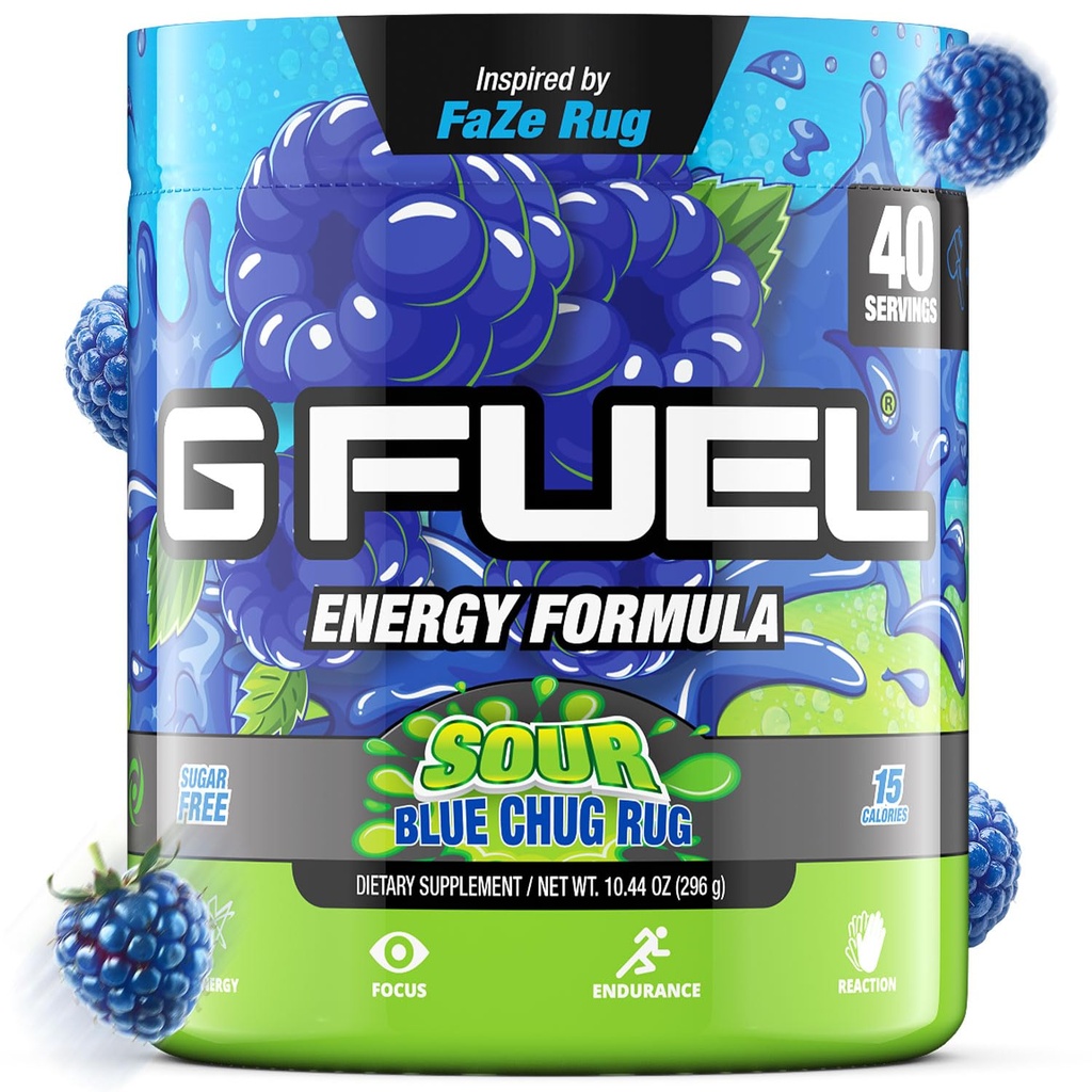 G Fuel Chug Rug Energy Drink Powder, Pre Workout Caffeine Mix for Gaming, Cukr Free Focus Amino, Vitamin + Antioxidanty, 10.44oz (Sour Blue Raspberry, 40 Služeb)