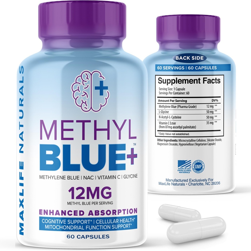 MAXLIFE NATURALES Čisté methylenové modré kapsle, Ultimate Methylen Blue Pharmaceutical Grade 12mg - 60 Kapsle s vitaminem C Ester & NAC Glycine, Podporuje buněčnou a kognitivní funkci, Vyrobeno v USA