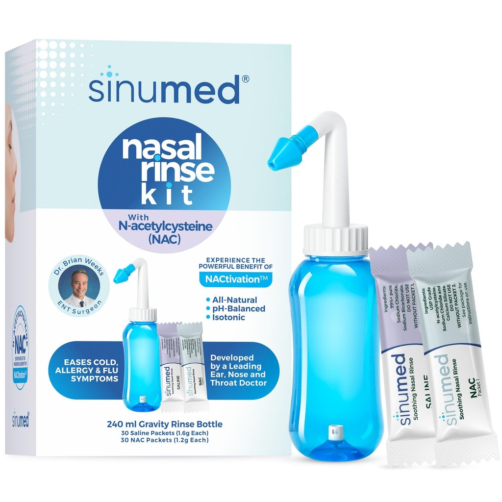 Sinus Rinse, 60PK Nasal Rinse Packets s NAC a Saline, Gravity Rinse láhev, Alternativa k Neti Pot, Pomáhá s alergií, zácpa, studené příznaky (Gravitace láhev s NAC 60PK)