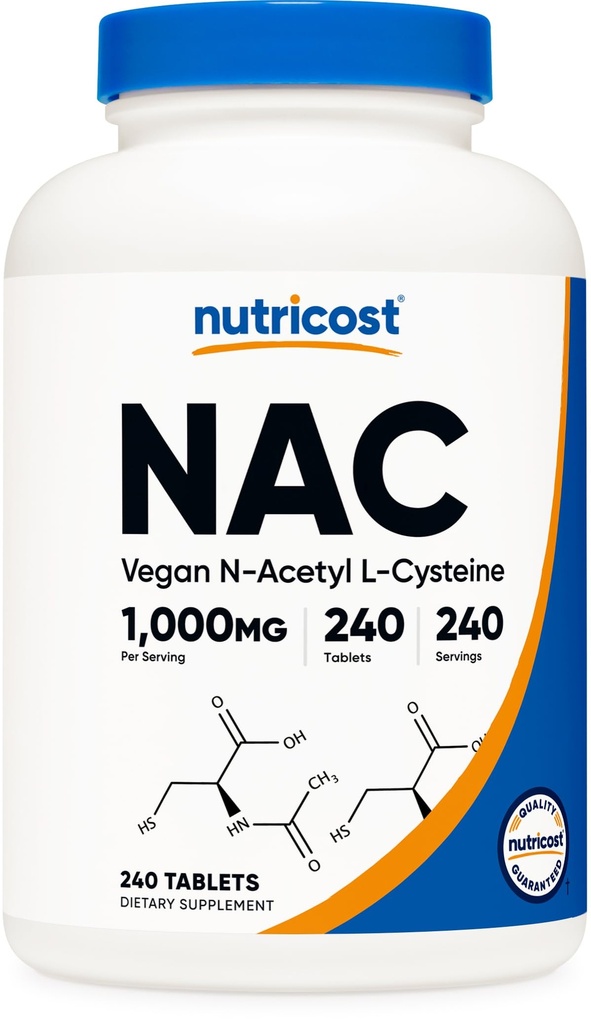 Nutricost N- acetyl L- cystein (NAC) 1000 mg, 240 Veganských tablet - GMO zdarma, gluten zdarma, vegetariánský dodatek