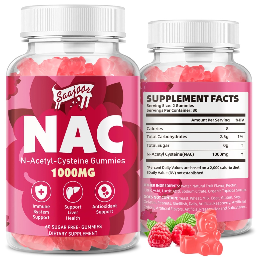 NAC Gummies Sugar- Free, N-Acetyl Cysteine NAC dodatek 1000mg pro antioxidanty, imunitní podpora, Non- GMO, gluten- Free, Vegan - Raspberry Flavor, 60 Gummies