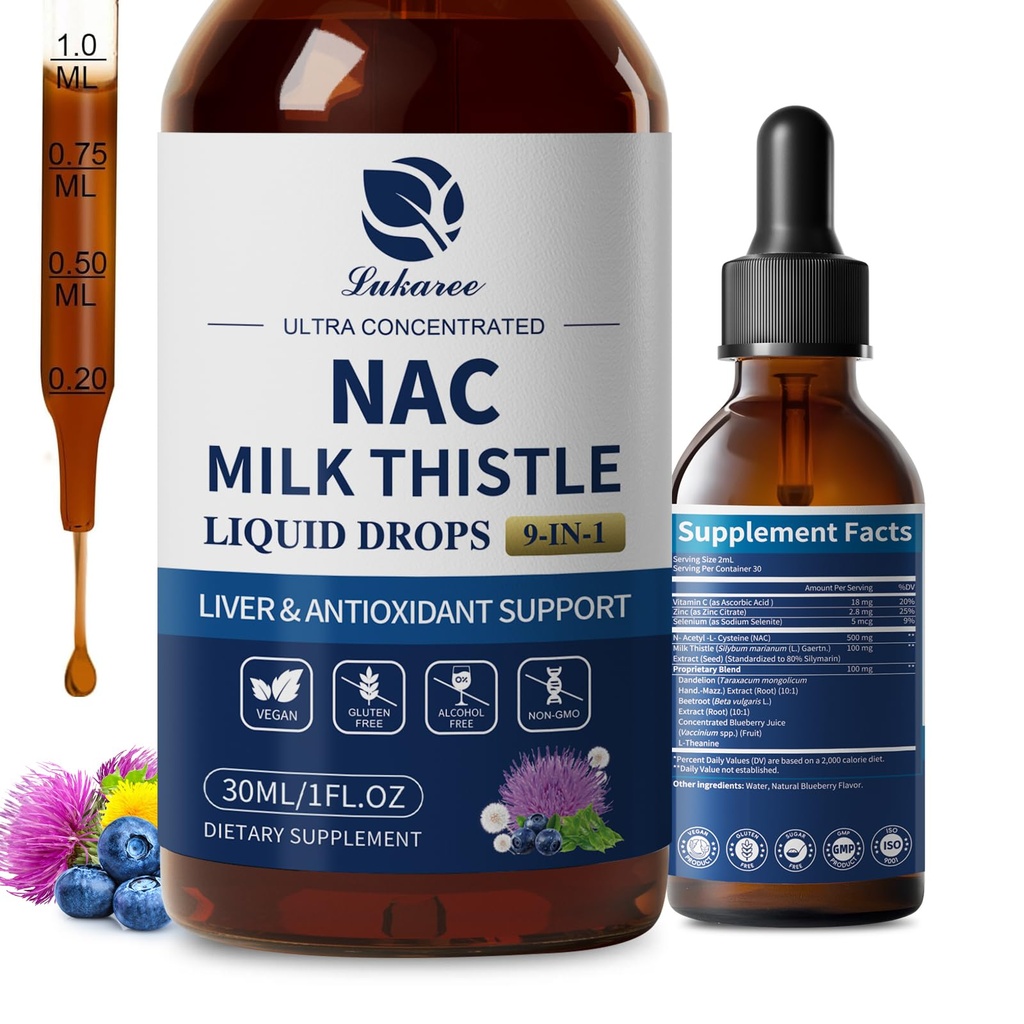 Lukaree Liposomal NAC Supplement N-Acetyl-L-Cysteine 600mg with Milk Thistle - NAC Amino Acid Drops w / Selen for Equity & Ledney Support *, Lung, Antioxidants & Imunitation Support * - Vegan, Non-GMO- 2oz