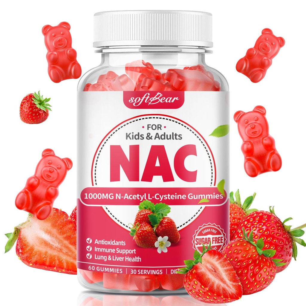 softbear NAC Gummies pro děti a dospělé, NAC dodatek 1000mg N Acetyl Cysteine podporuje Lung & Játra zdraví, Antioxidanty & imunitní systém, Strawberry Flavor 60 Počet