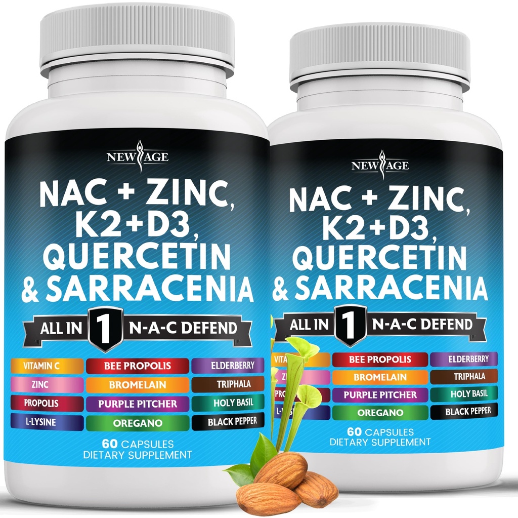 NEW AGE NAC dodatek N-Acetyl Cysteine- s vitamínem D3, K2, zinek, Quercetin, Triphala, Sarracenia Purpurea, Elderberry, Svatý Basil, Bee Propolis, Bromelain, L-Lysin - 120 Počet