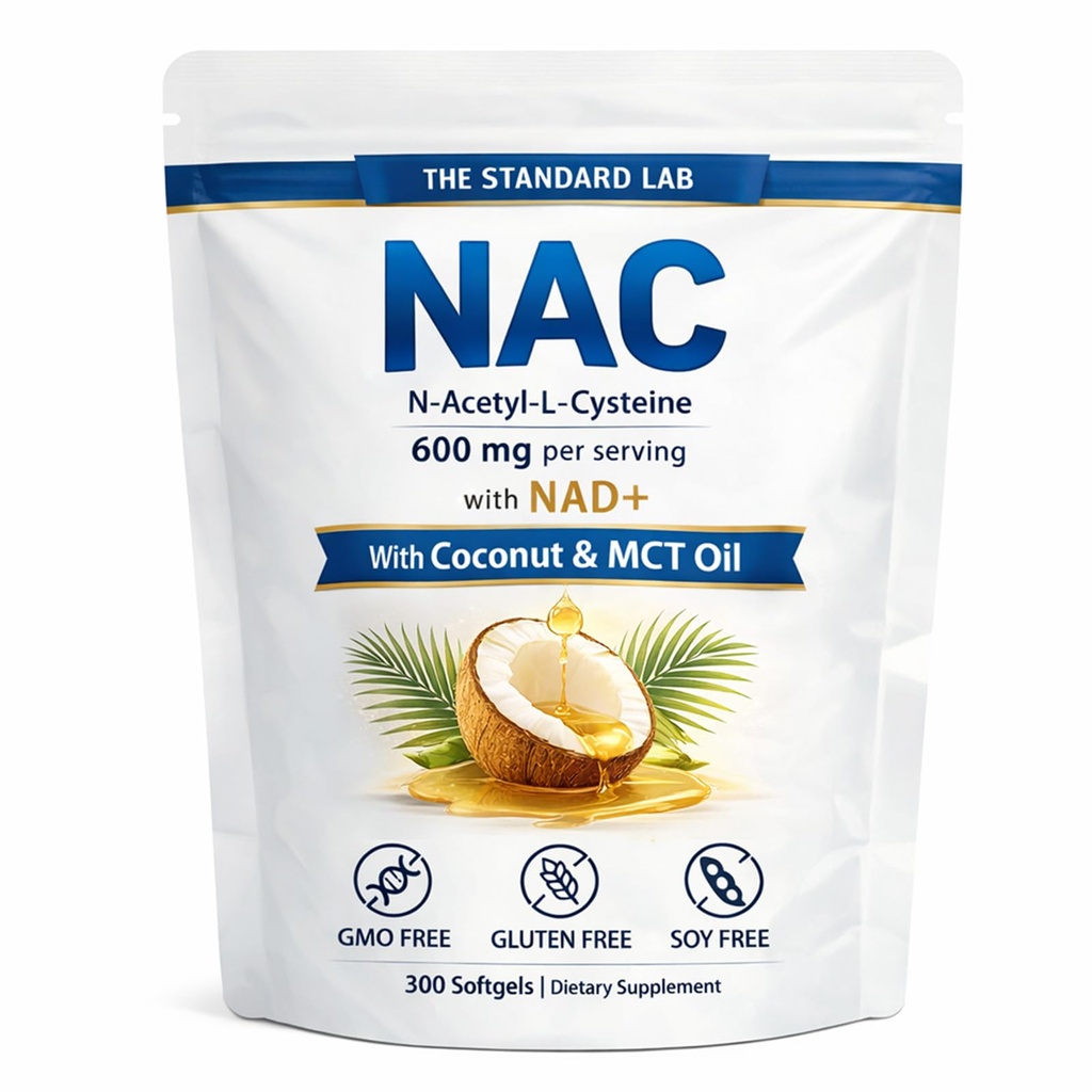 Standard Lab NAC 600mg s NAD + Denní komplex, N- Acetyl Cysteine Supplement Kapsle, Antioxidant Support Formule, Vegan, Non- GMO, Gluten Free, 300 Softgels