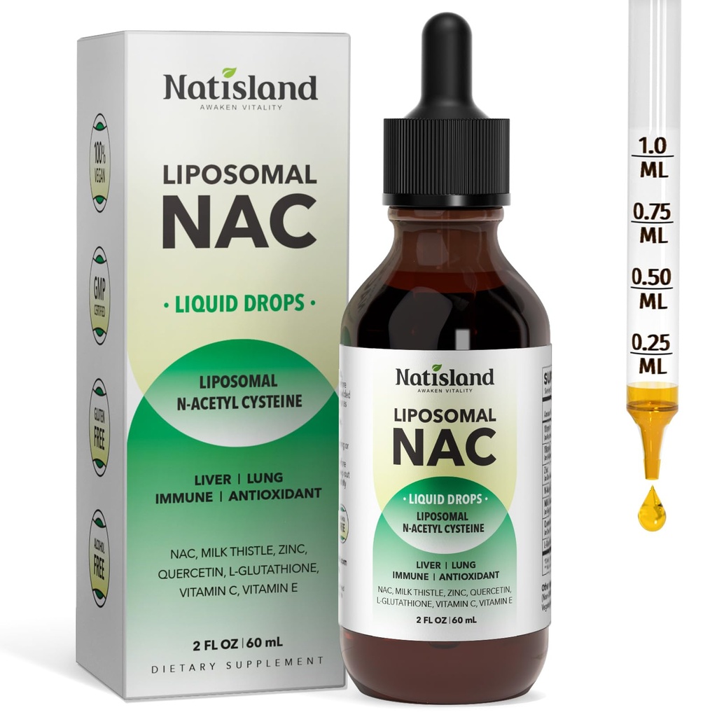 Liposomální tekuté kapky NAC, NAC doplněk N-acetyl cysteine, NAC 600 mg s mléčným bodlákem a quercetinem pro dospělé a děti, játra a plíce, imunitní a antioxidační podpora, kůže a buněčné zdraví, 2 Fl Oz