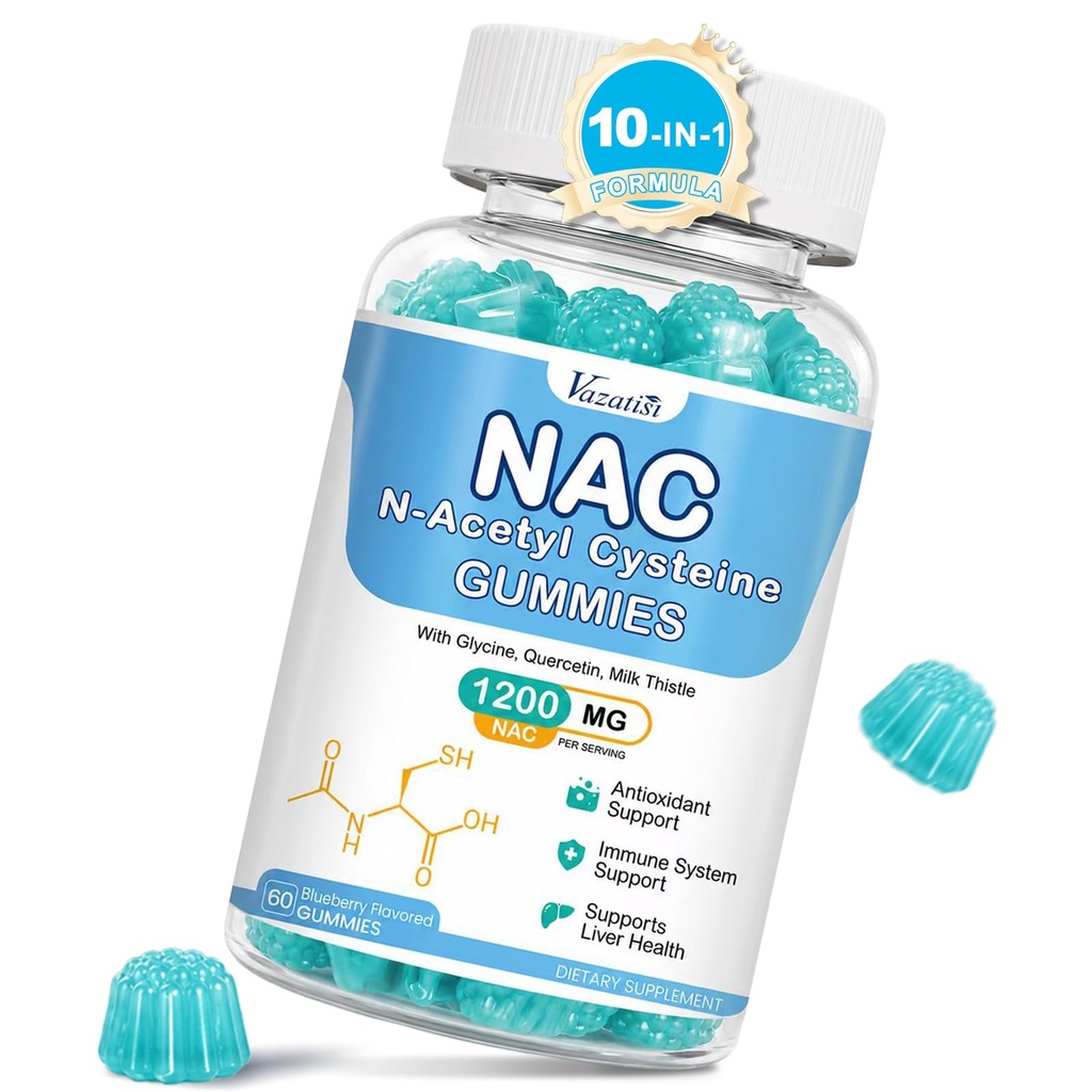 NAC Gummies, NAC dodatek s mléčným Thistle, Selen, B6, B12 - Antioxidant, imunitní podpora - N Acetyl Cystein 600 mg na Gummy - Borůvková ochucená, 60 Cts