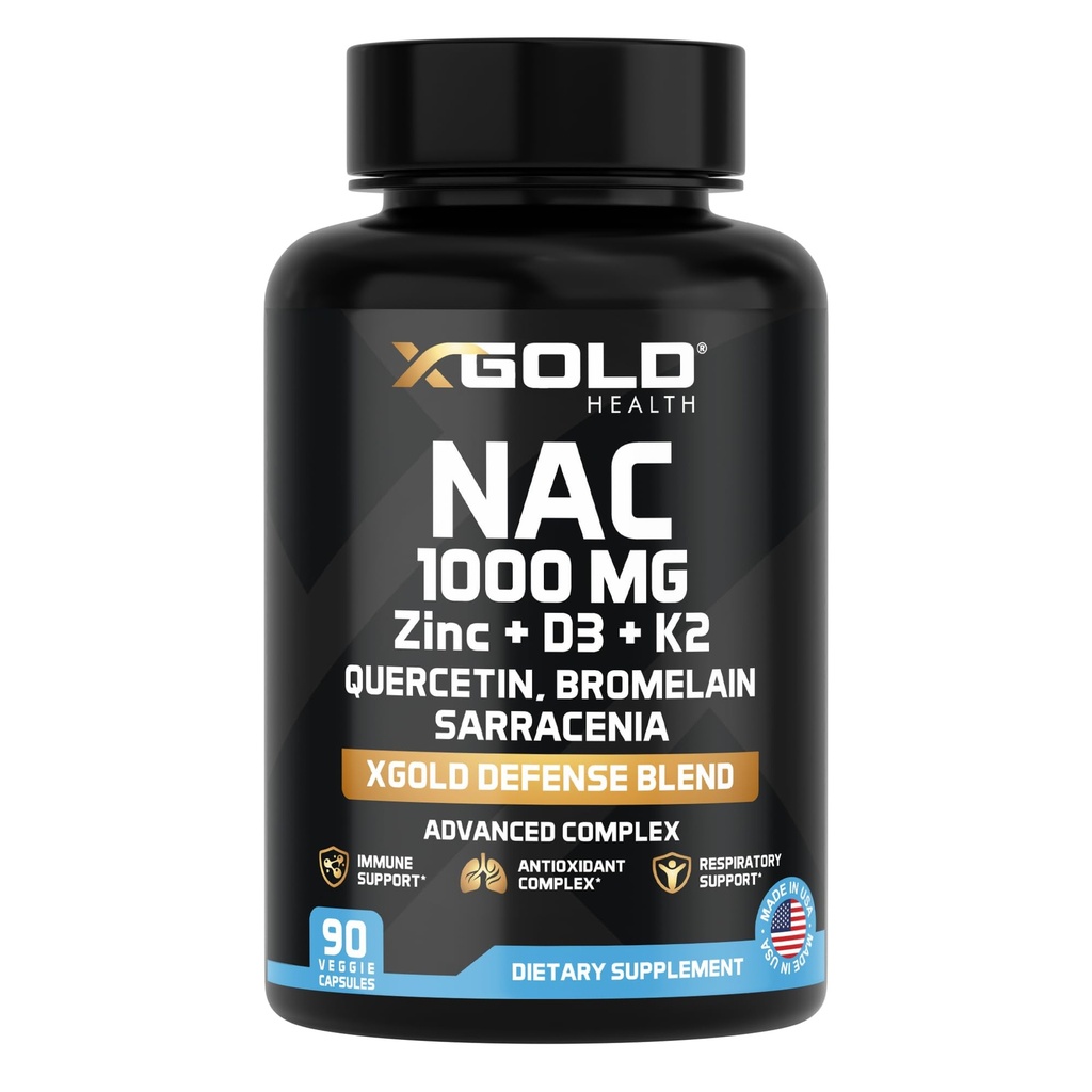 XGold Health NAC 1000 mg s Quercetin 95%, Bromelain, zinek, vitamin C, D3 & K2 imunitní podpora a antioxidant dodatek Advanced Defense Blend 90 Veggie Kapsle
