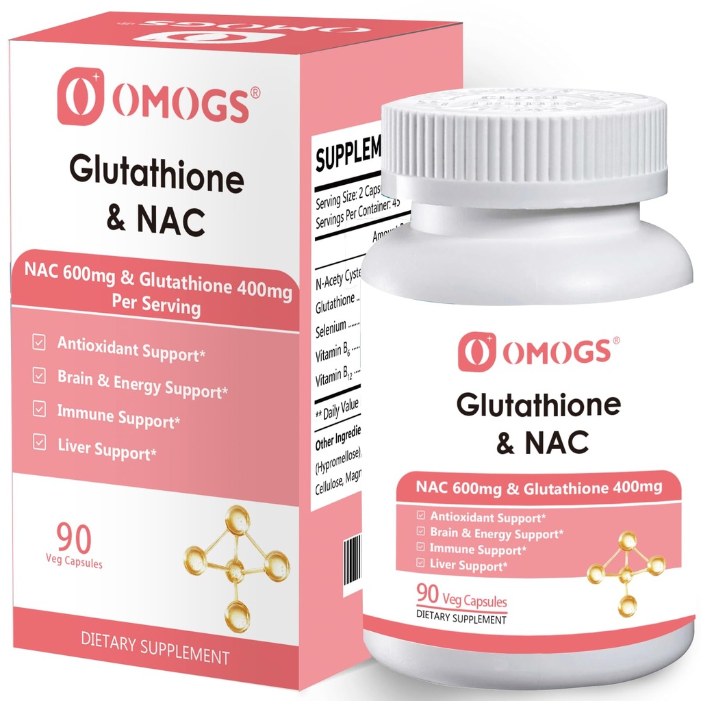 OMOGS Glutathione & NAC dodatek, s vtamin B & Selen, podporuje jaterní zdraví, buněčné, antioxidant, Energy Production & Imunity, Vegan & gluten-Free, 90 Veg Kapsle.