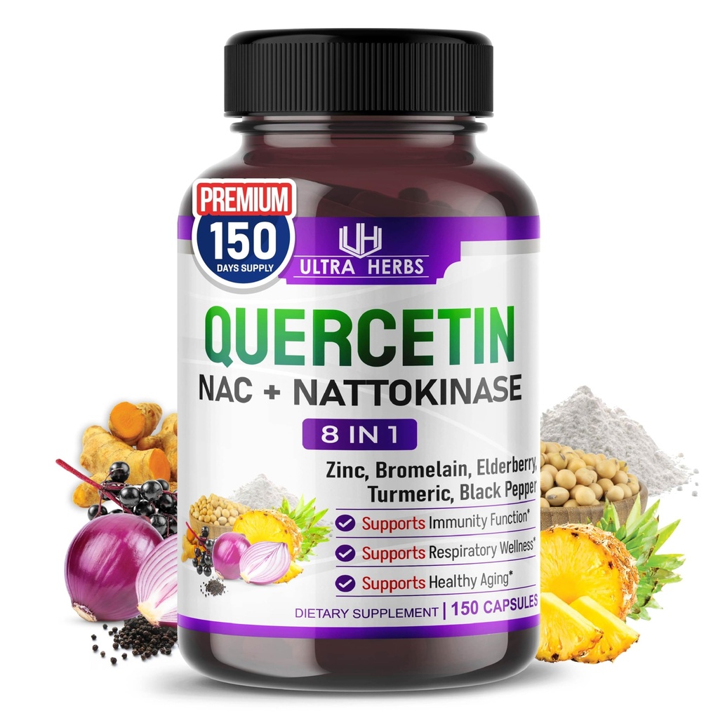 Quercetin dodatek s Bromelain, Vitamin C a zink, Nattokináza, NAC, Elderberry, Elderberry C124; 8 v 1 Ultra antioxidant komplex pro imunitní zdraví C124; 150 Kapsle