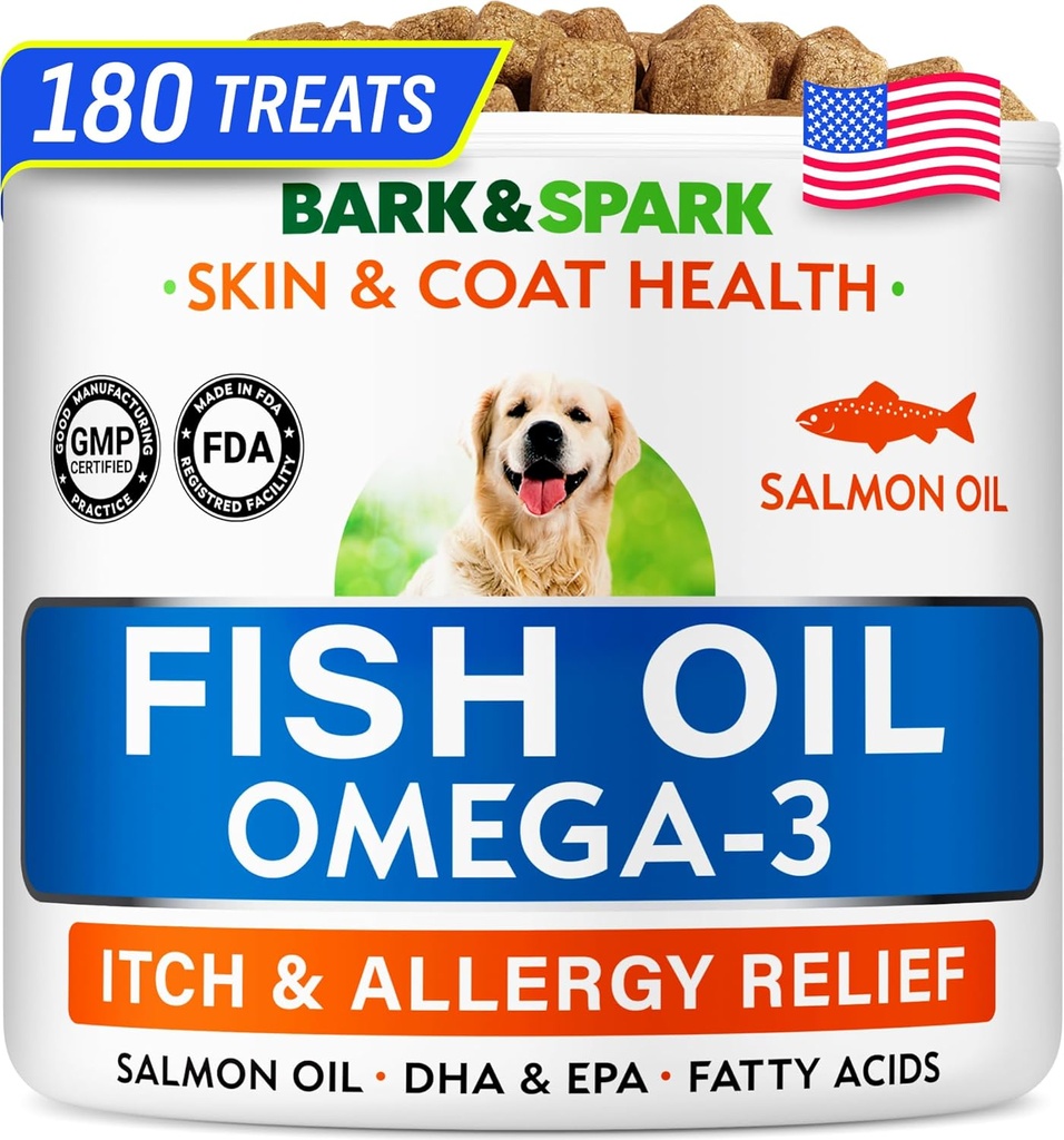 BARK & SPARK Omega 3 pro psy - 180 Fish Oil Paces for Dog Shedding, Skin Alleries, Itch Relief, Hot Spots Treatment - Joint Health - Skin and Coat Supplement - EPA & DHA Fatty Acids - Psí losos olej
