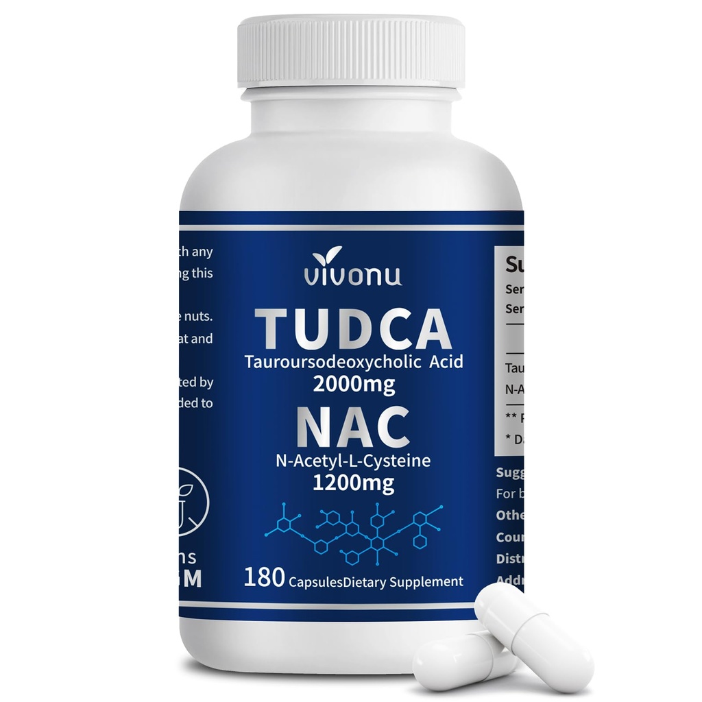 Vivonu TUDCA 2000mg + NAC 1200mg Supplement Complex Capsules, Powerful TUDCA Bile Salt + N Acetyl Cystein, Antioxidační doplňky pro vyčištění jater a plic a žlučníku, Digestion - 180 Kapsle