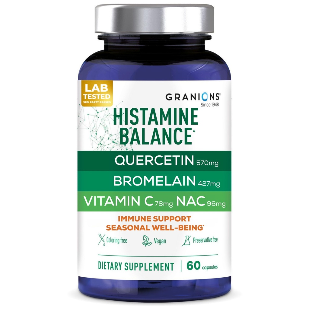 Granions Histamine Balance Complex - Quercetin s bromelainem, NAC a vitaminem C - D- Hist Sezónní Histamin Block & Imunitní Supplement pro dospělé a děti - 60 Vegan Kapsle