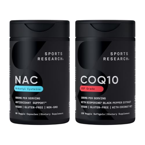 Sports Research ® Antioxidant Support Pack - N- Acetyl L- Cystein (NAC) 600mg, CoQ10 100mg Enhanced w / Coconut Oil & Bioperin - Vegan · Non- GMO · Gluten Free