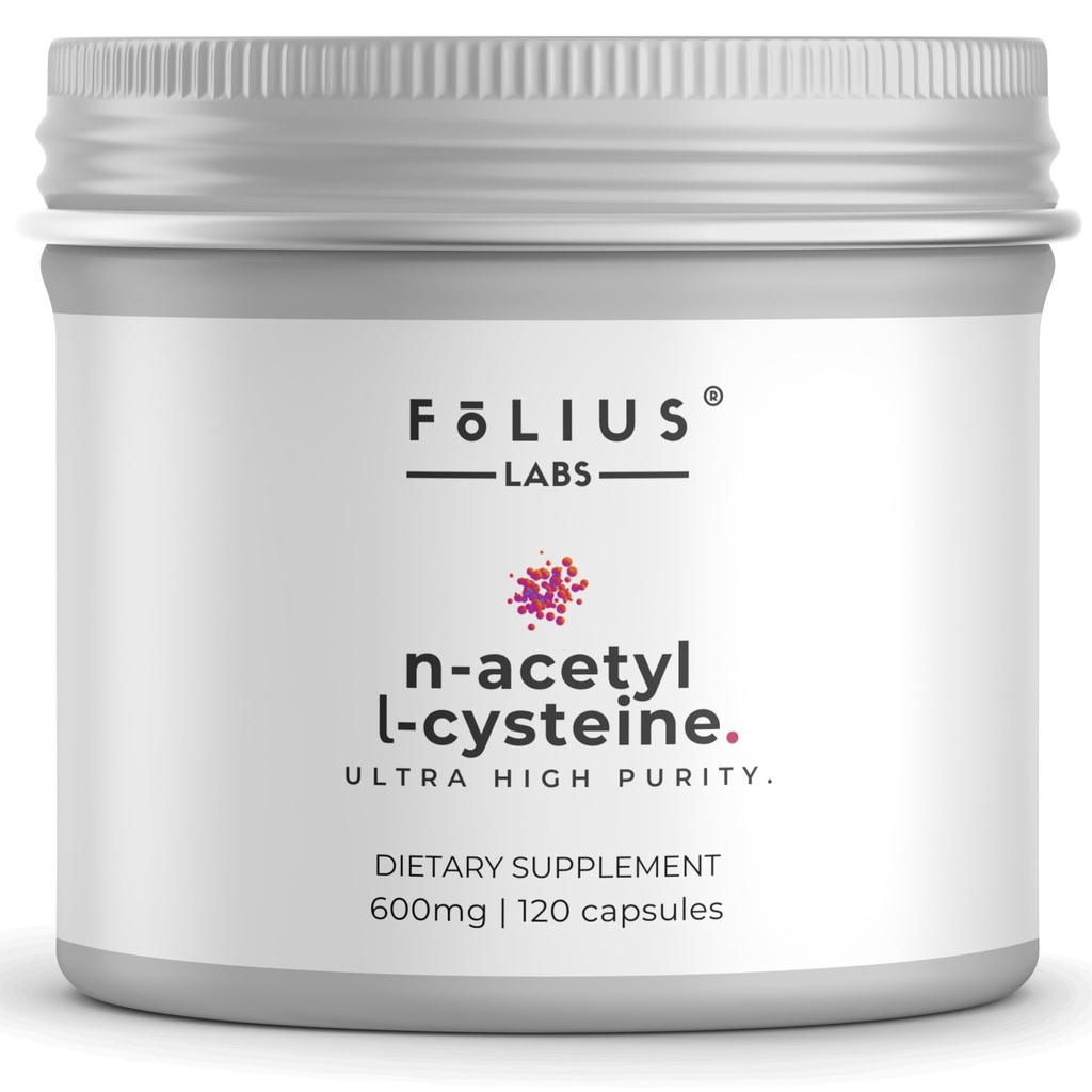 FOLIUS LABS Clean Label N- Acetyl L- Cysteine (NAC) 600mg Supplement - Plíce a Respirační podpora - Imunitní podpora zdraví - 120 Veg Kapsle