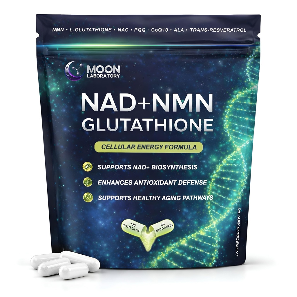 NMN + L-Glutathione dodatek - NAD + Support, Mitochondrial Energy & Antioxidant Defense with CoQ10, NAC, PQQ & Alfa Lipoic Acid - 120 Kapsle. Vyplňte balení