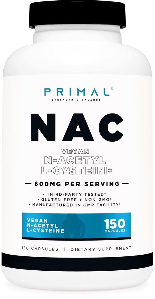 Primal N- Acetyl L- Cysteine (NAC) 600mg, 150 Kapsle - Vegan N- Acetyl L- Cysteine Supplement, GMO- Free, Gluten- Free
