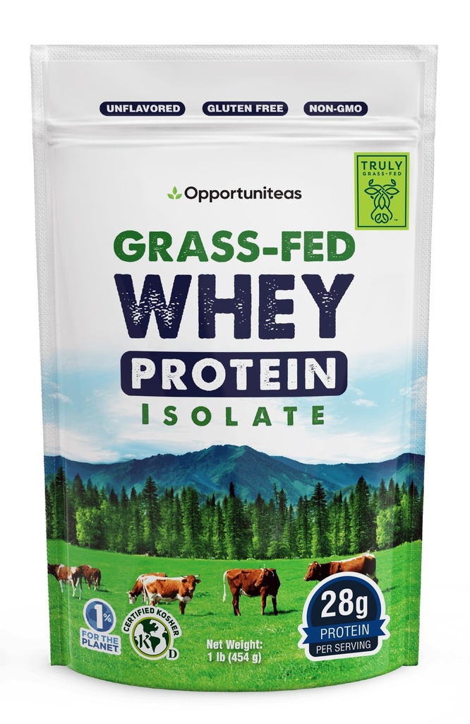 Oportuniteas Grass Fed Whey Isolate Protein Powder - Neochucený, Heavy- Metal Tested, 28g Protein, Sourced from Ireland, Hormone- Free, Non-GMO, Baleno v USA - 1lb