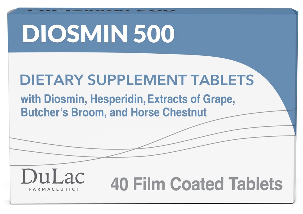 Dulac Diosmin 500, Mikronizovaný Diosmin Hesperidin Dietní dodatek 1000mg na porci, Koňský Chestnut Extract, Řezník & Red Grape Extract, Okružní podpěra, 40 Tablet, Made in Itálie