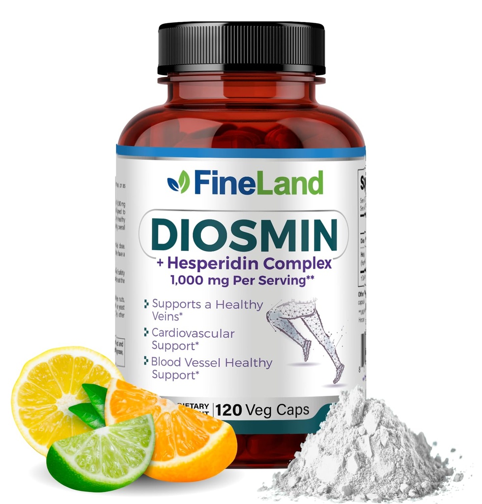 FineLand Diosmin & Hesperidin Complex, Premium Advanced Formule, 1000 mg, Blood Flow and Circulation Support, 120 Kapsle, 100% Vegan, Všechny přírodní