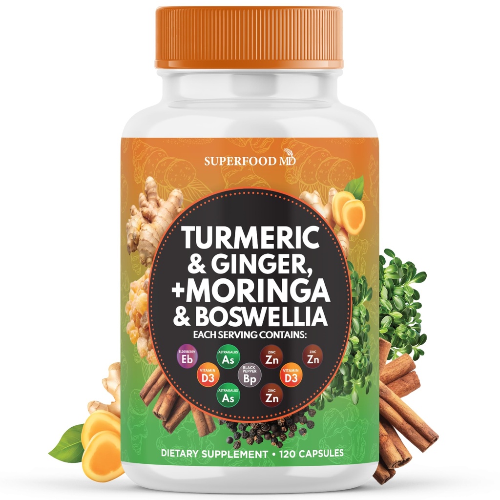 Turmeric Moringa dodatek 124; Ginger, Boswellia, Saffron, Holy Basil - Společná podpora Dodatek pro ženy a muže s Ceylon Skořice, Quercetin, Tart Cherry - 120 Počet