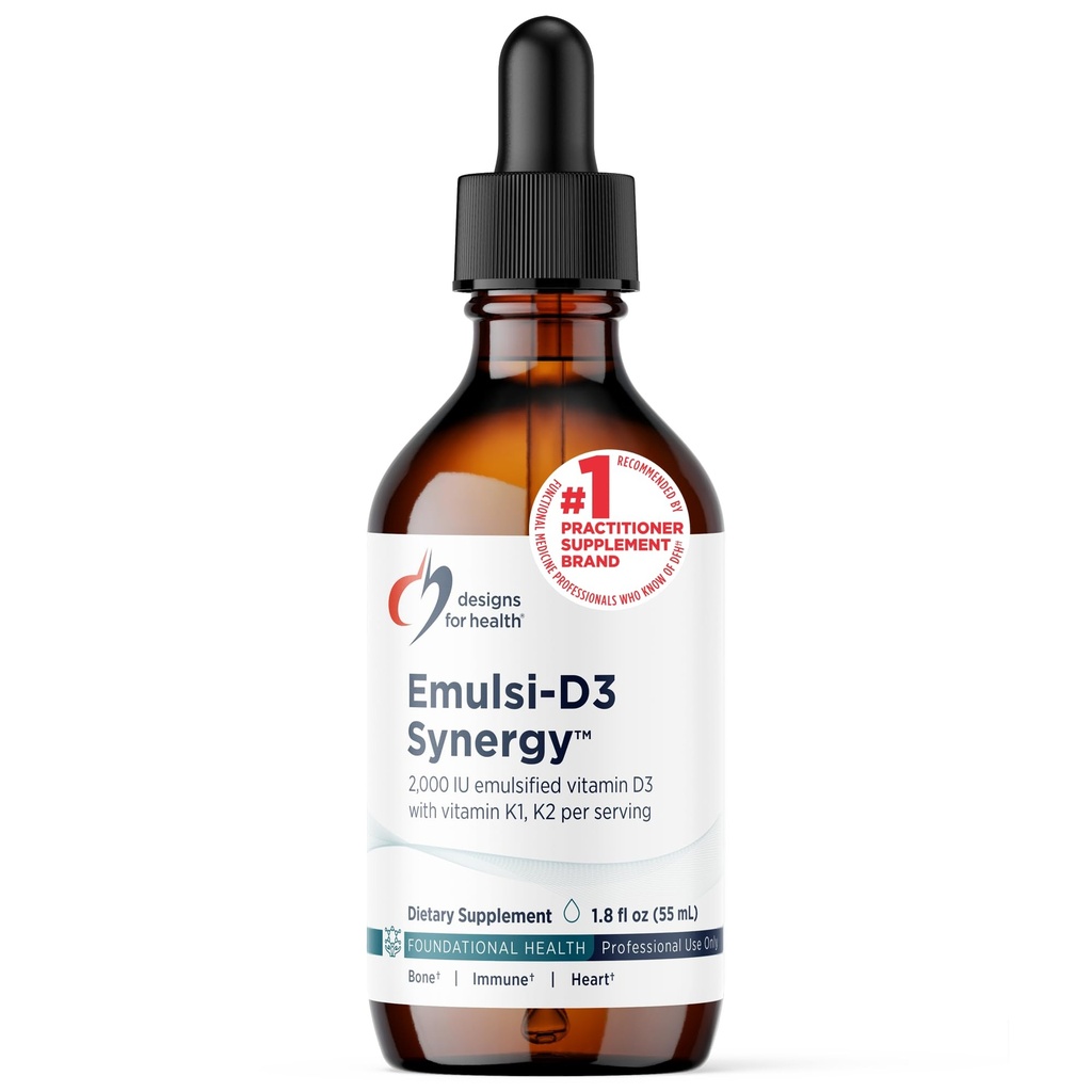Designy pro zdraví Emulsi- D3 Synergie 2000 IU Vitamin D Tekutý s vitamínem K - Emulgované Kapalné D3 K2 Kapky pro podporu imunitního systému a zdraví kostí - Gluten- Free + Non- GMO (55 Servings / 1.8oz)