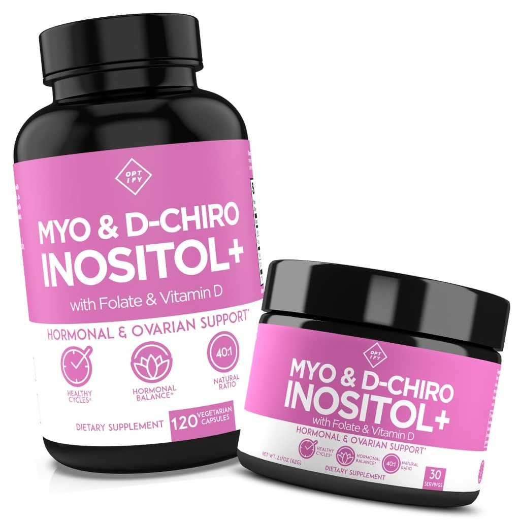 Optifikovat Inositol Supplement Bundle - Myo- Inositol, D- Chiro Inositol, Folát & Vitamin D - Kapsle & Prášek - 60denní zásoba - Hormon & Ovaria Podpora