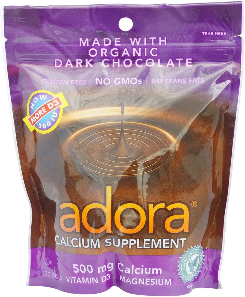 Adora doplněk vápníku Disk, Organic Dark Chocolate, 30 Počet (balení po 12)