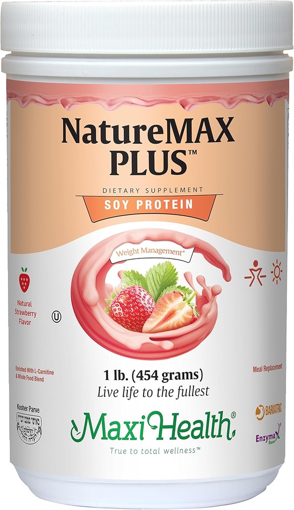 Maxi- Health NatureMAX PlustM Energy Support Drink Soy Protein Powder - Supplementary Free Diet - 20g Protein Per Serving - Natural Strawberry Flavor - Kosher Vitamin - 1lb