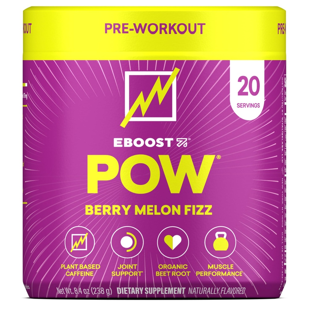 EBOOST POW Natural Pre Workout Powder - 20 Servings - Berry Melon Fizz - Pre Workout Dodatek pro výkon, Společná podpora mobility, Energie, Zaměření - Muži a ženy - Non- GMO, gluten- Free, No Creatine