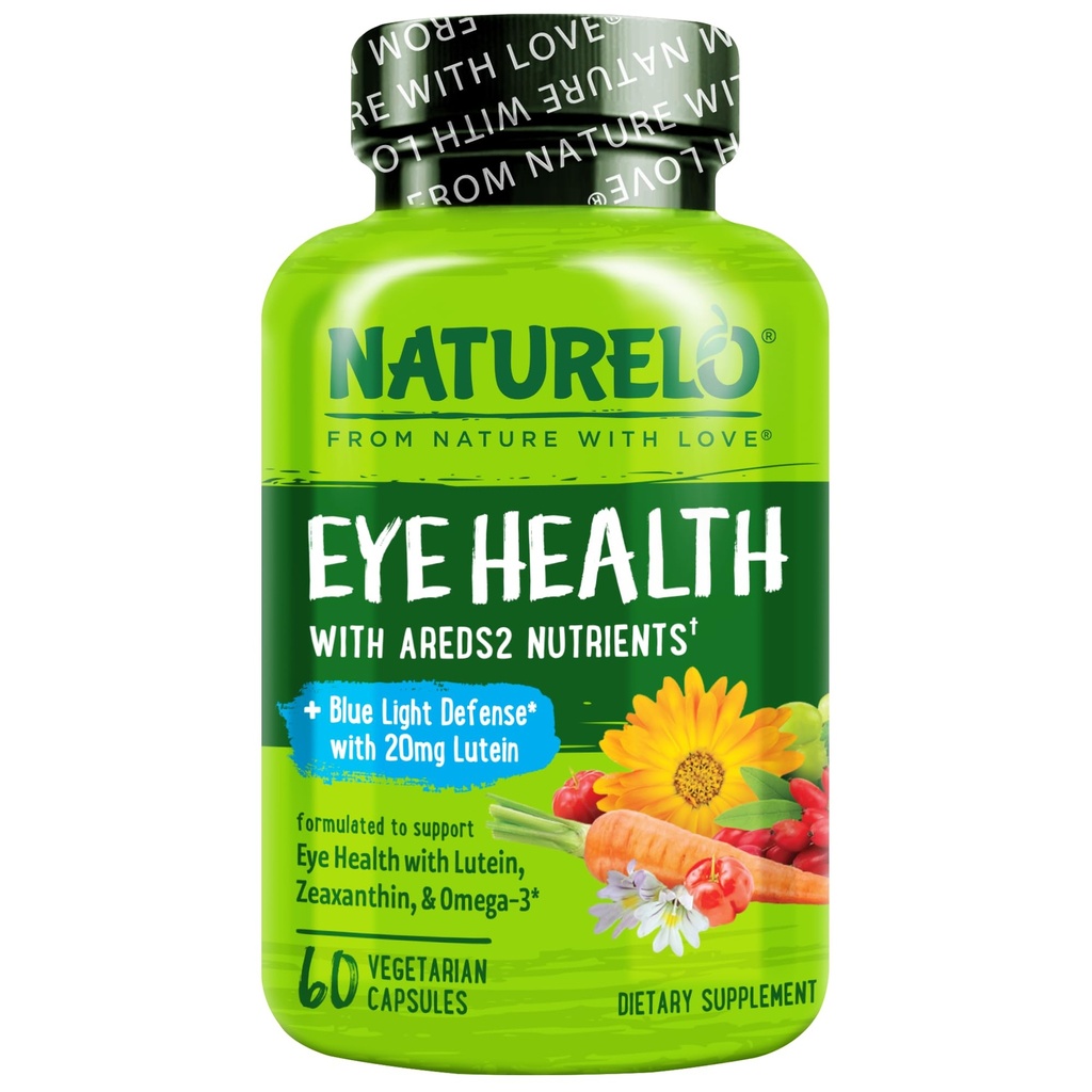 NATURELO oční vitaminy - AREDS 2 Formule Nutrients with Lutein, Zeaxanthin, Vitamin C, E, Zinek, Plus DHA - Dodatek pro suché oči, zdravé vidění, Oční podpora - 60 Vegan Kapsle