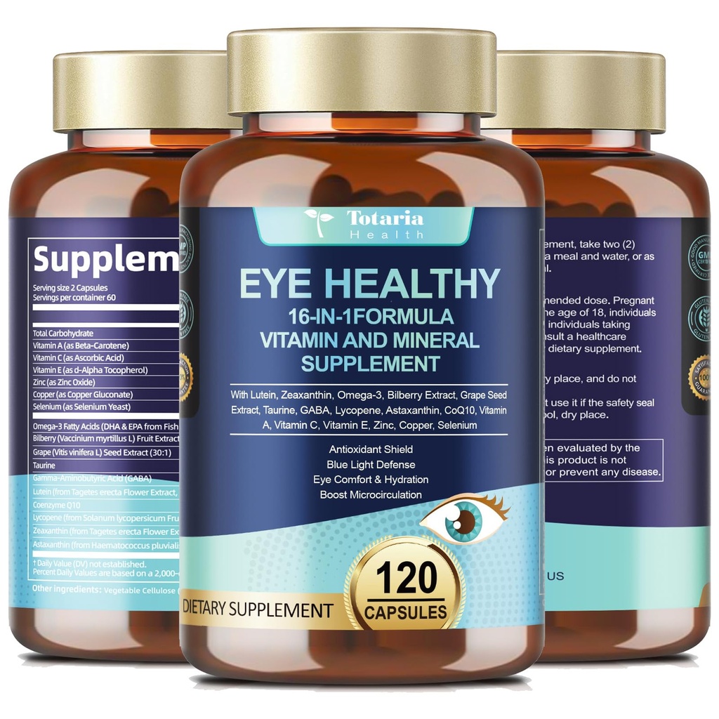 AREDS 2 Oční vitaminy a minerální biberry Extract Omega-3, Oční vitamín pro seniory Macular Health a Suché oko, Oční vitaminy Lutein a Zeaxanthin Support Eye Strein & Hydration (120 Kapsle)