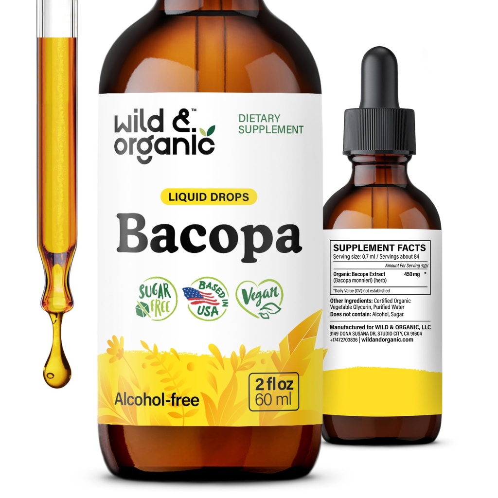 Wild & Organic Bacopa tinktura - Podporuje klid, soustředění, Clarity - Bacopa Monnieri dodatek Liquid - Alcohol- Free Drops with Brahmi Extract - Vegan, Sugar- Free - 2-Month Supply - 2 fl oz