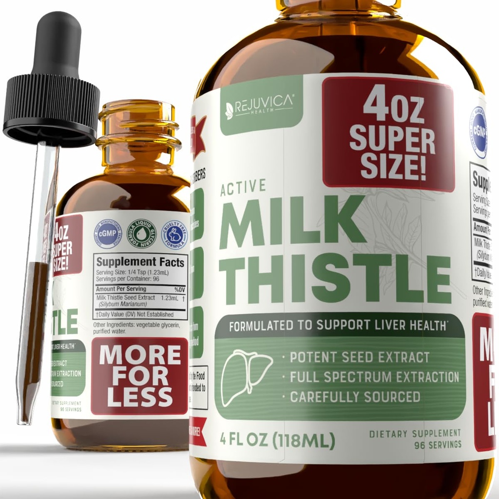 Rejuvica Zdraví Aktivní mléko Thistle 4oz XL Super Size - Advanced Milk Thistle Seed Liquid Extract Drops - Může podporovat játra - Vegan cukr bez GMO tinktura