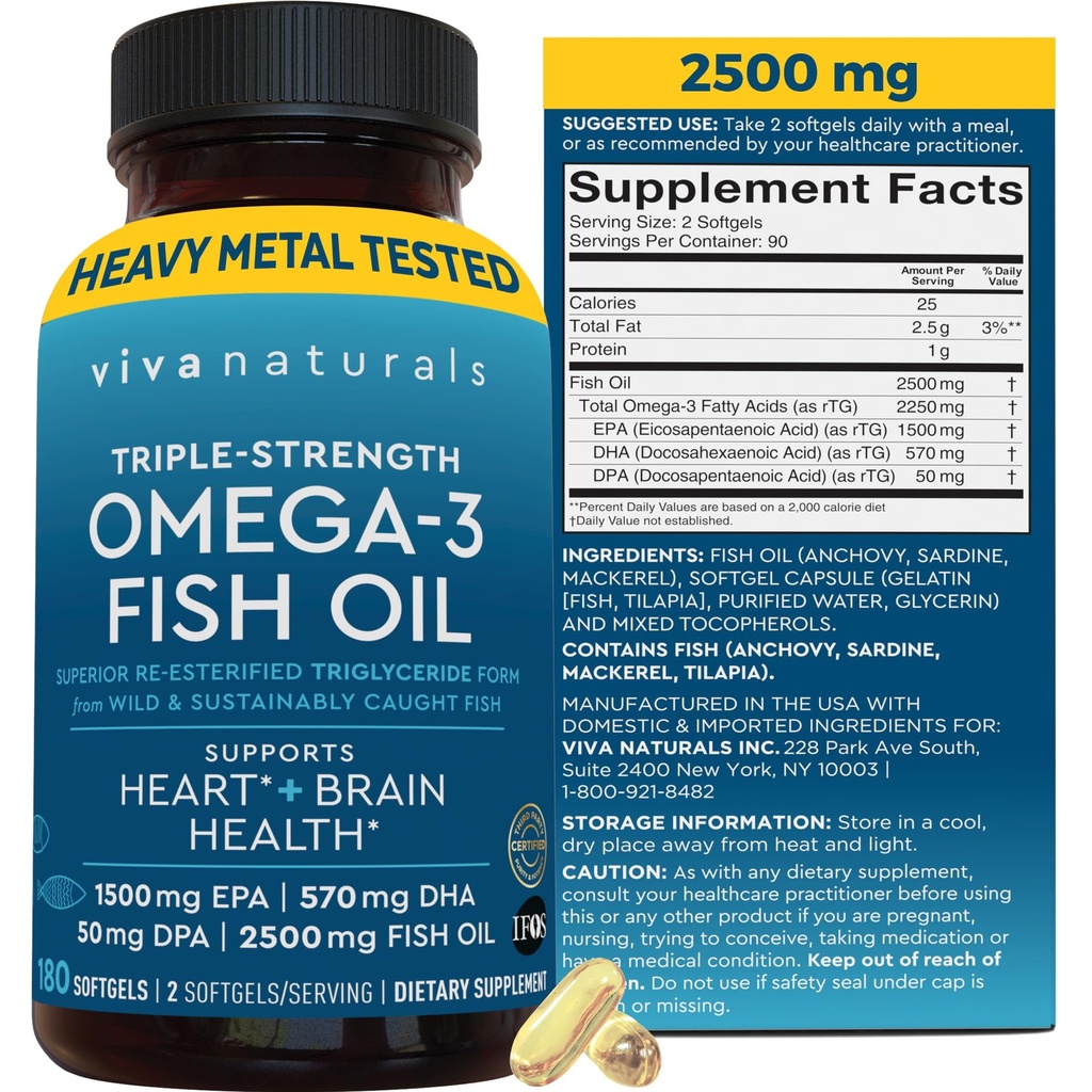 Triple Strength Omega 3 Rybí olej dodatek pro muže a ženy - 2500 mg high- potency, Easy- to- Absorb Re- esterifikovaný triglyceridový formulář, Pescatarian- Friendly DPA EPA DHA Omega 3 dodatek, 180 Softgels