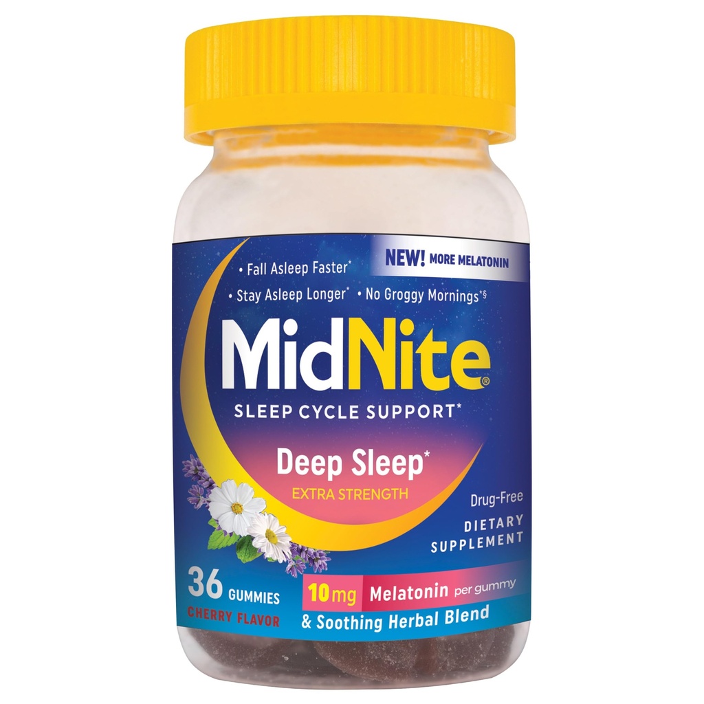 MidNite Deep Sleep Extra Strength, 10 mg Melatonin Sleep Aid, Non- Habit Forming, Bylinný dietní dodatek pro dospělé, Drog- Free, Gluten- Free, Lactose- Free, Vegetarian- Friendly, 36 Gummies
