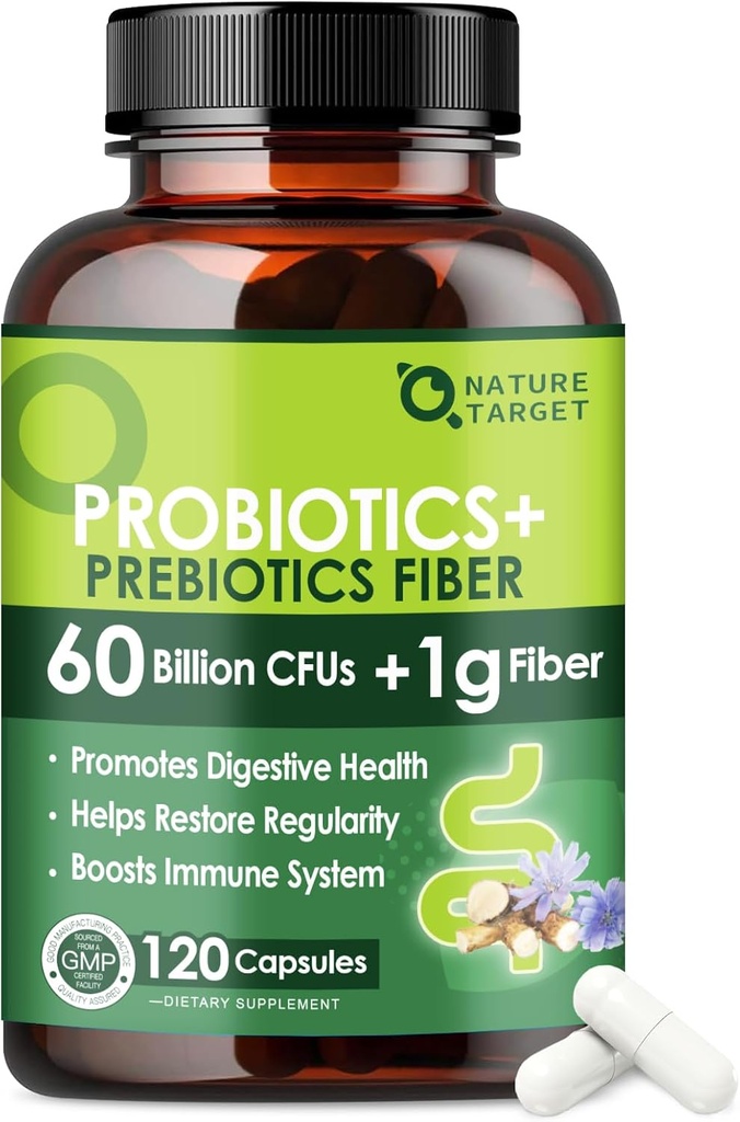 Probiotika pro ženy a muže stravitelné zdraví s prebiotickým vláknem - Příplatek vlákna s 60 biliony probiotika pro Regularitu & Gut Cleanse - Podporuje příležitostné zácpy - 120 Veggie Kapsle