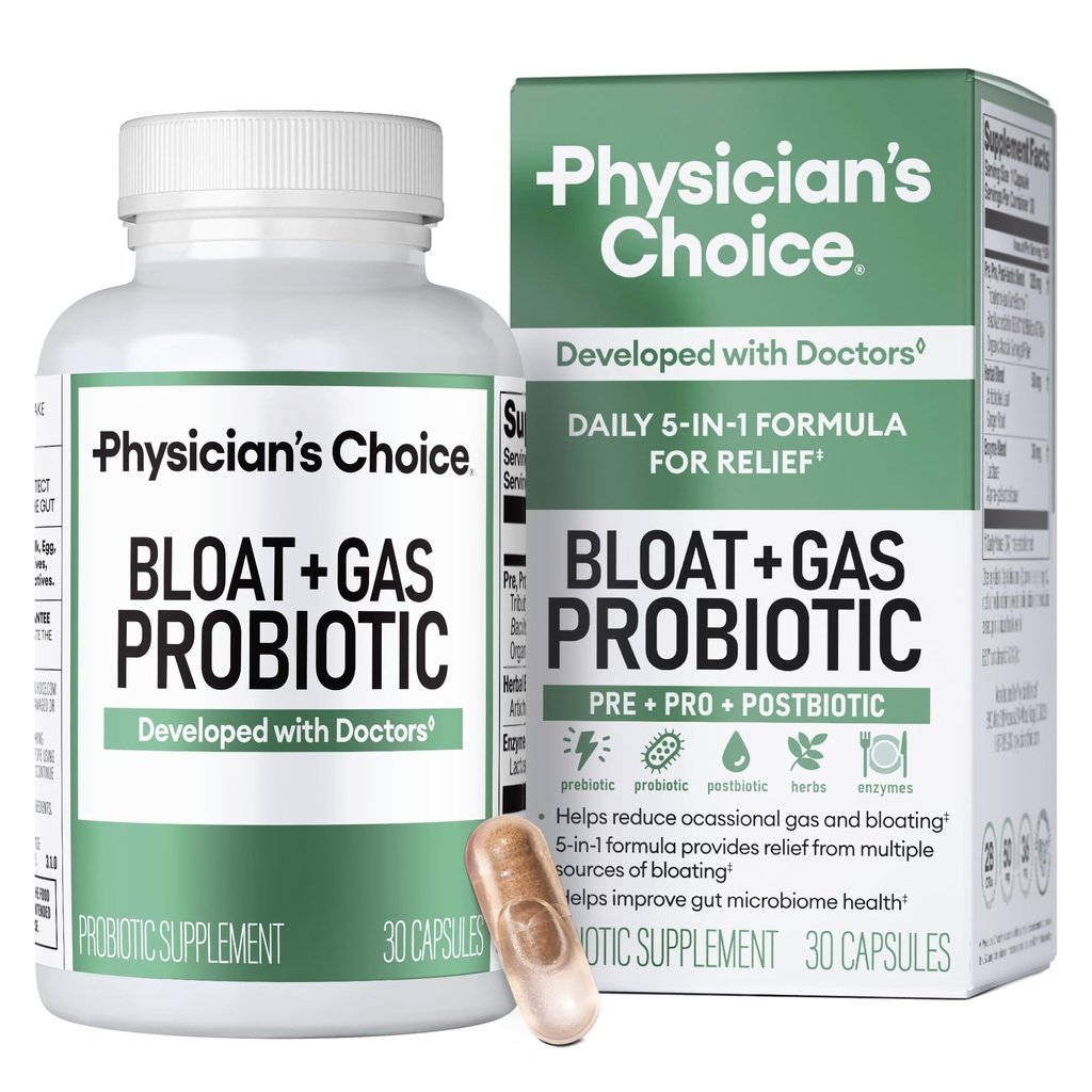 Lékařský ChoICE Bloat & Gas Probiotic 5- in-1 Proactive Support + Daily Relief - Digestion & Gut Health - Herbals, Digestive Enzymes, Post & Prebiotics - Plynová úleva pro dospělé - Ženy & Muži - 30ct