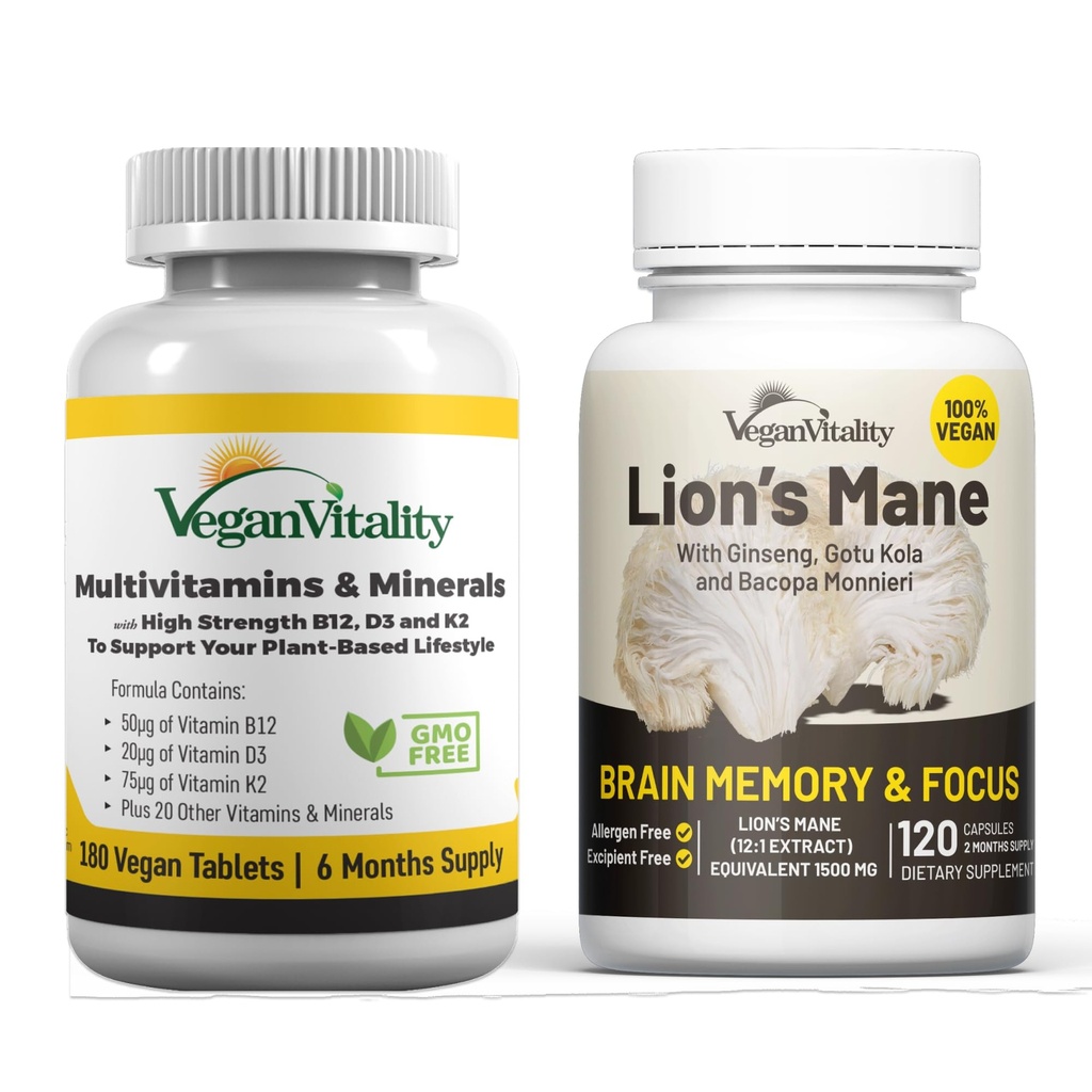 Vegan Vitality Brain Nutrition Bundle - Lions Mane Nootropní kapsle a Vegan Multivitamins. Plant- Based doplňky pro paměť a zaměření a celkové zdraví pro vegany a vegetariány