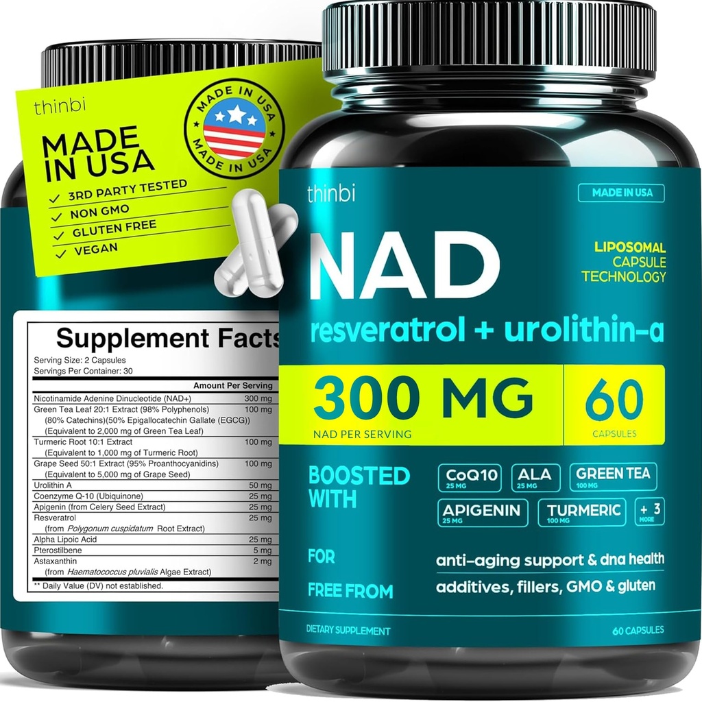 NAD dodatek 300Mg Extra Strength NMN Alternative Liposomal + zelený čaj pro ženy a muže w / Urolithin A, Resveratrol, CoQ10, Alfa Lipoic Acid