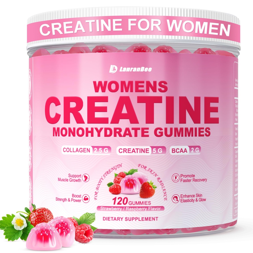 Kreatin pro ženy, Creatine Monohydrát Gummie s kolagenem, BCAA, L-karnitin & Taurin, Jahodová lahůdka, Energy Creatine dodatek pro svalovou sílu, Energy Boost, Cukr zdarma, 120 Počet
